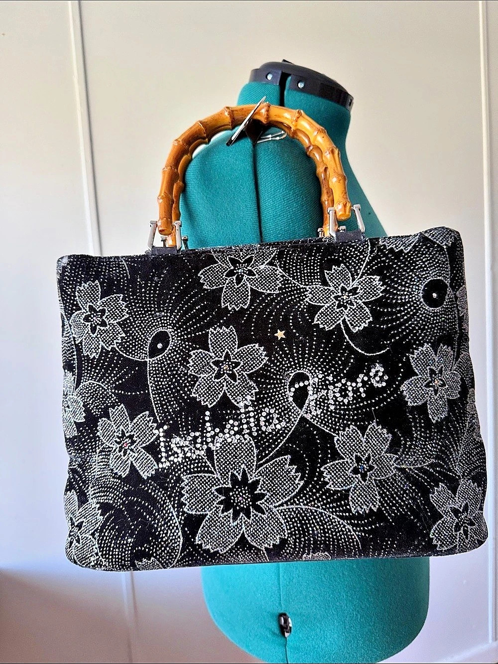 Isabella Fiore Floral Embellished Black Velour Tote